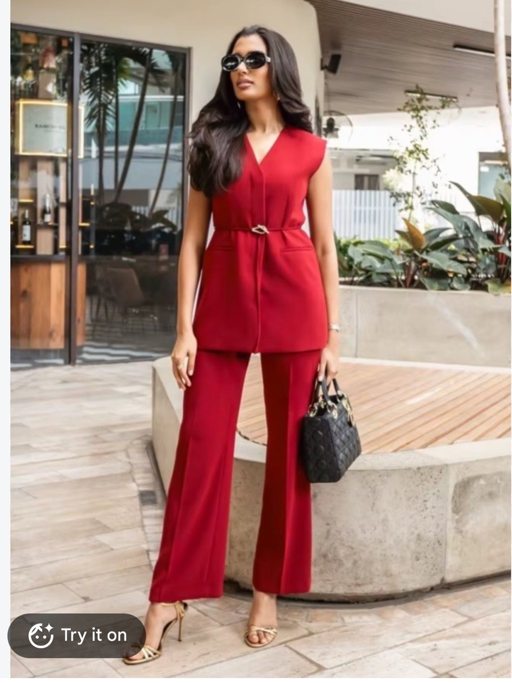 Zara Burgundy Wide-Leg Trousers with Belted Vest Set